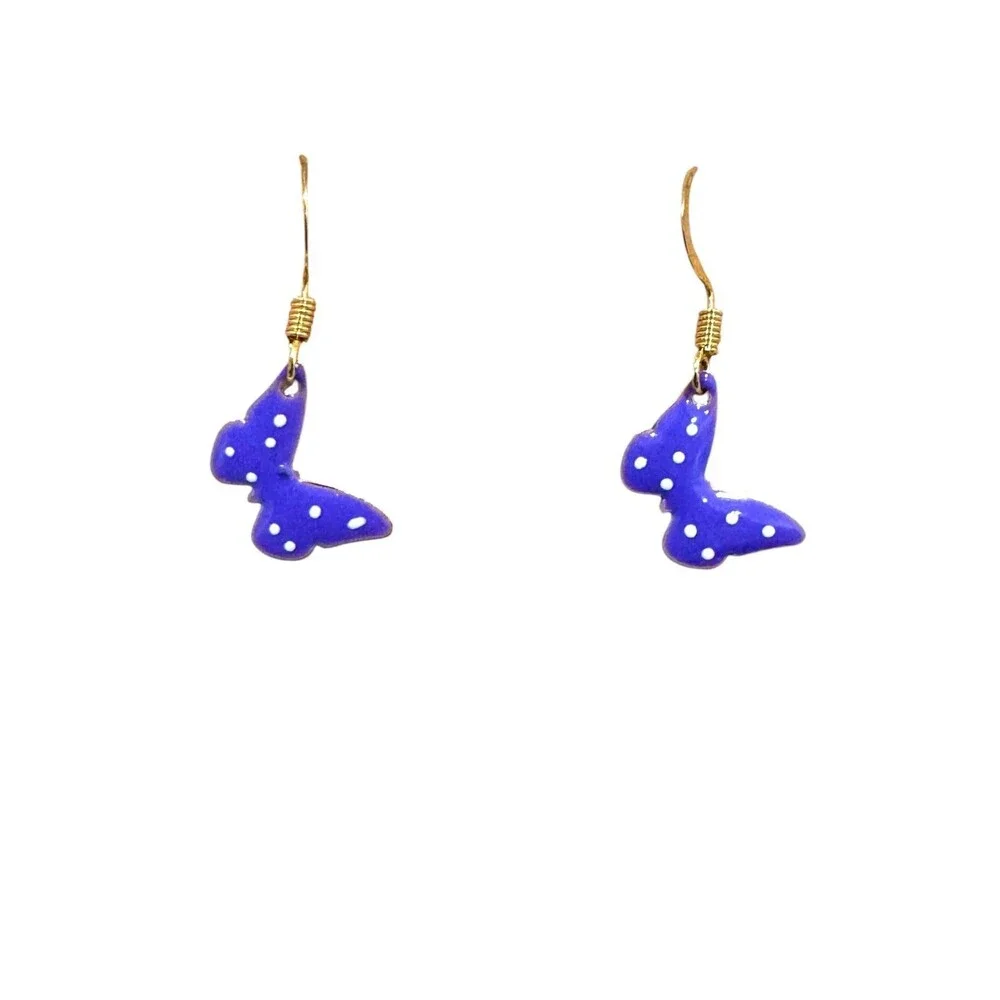 Enamel Purple Polk a Dot Butterfly Charm 10kt Gold Earrings #2230